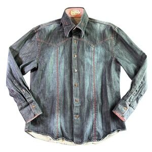 Angelino For Bermuda Mens XL Western Denim Shirt Blue Red Contrast Stitching